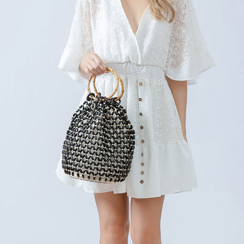 Buddha Stonesの手編み木製ビーズ竹ハンドルショルダーバッグハンドバッグ