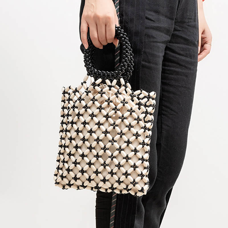 Buddha Stonesの手編み菱形木製ビーズハンドバッグ