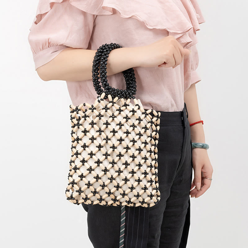 Buddha Stonesの手編み菱形木製ビーズハンドバッグ