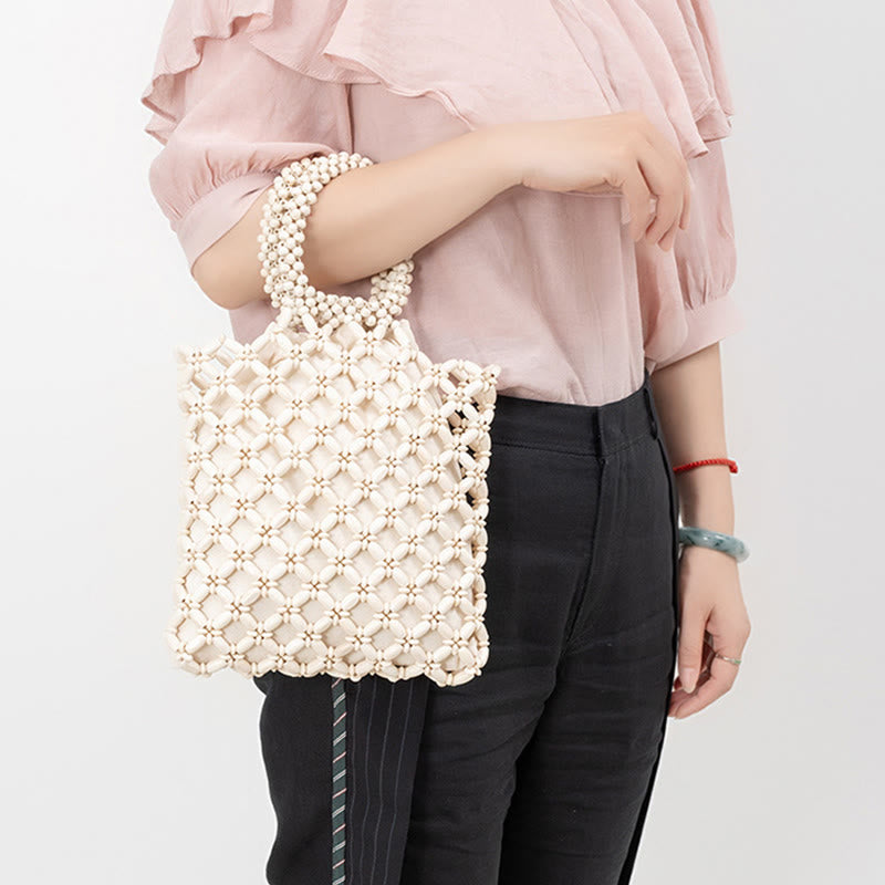 Buddha Stonesの手編み菱形木製ビーズハンドバッグ