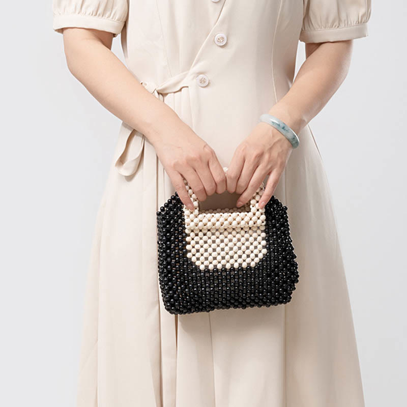 Buddha Stonesの手編み木製ビーズスクエアトートハンドバッグ