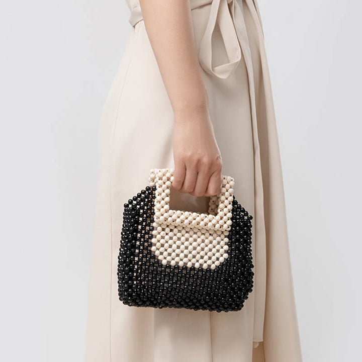 Buddha Stonesの手編み木製ビーズスクエアトートハンドバッグ