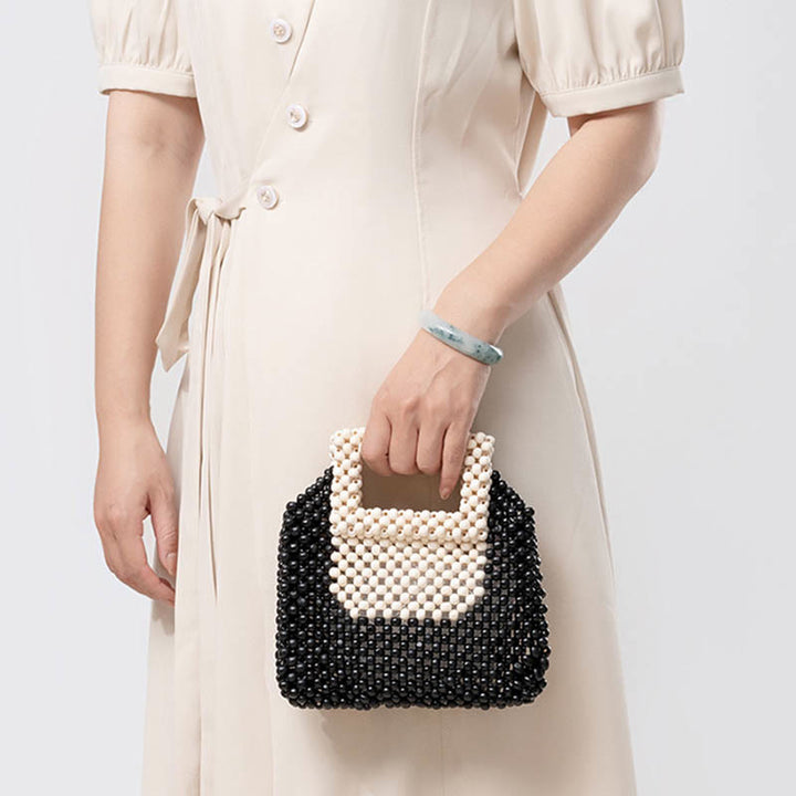 Buddha Stonesの手編み木製ビーズスクエアトートハンドバッグ