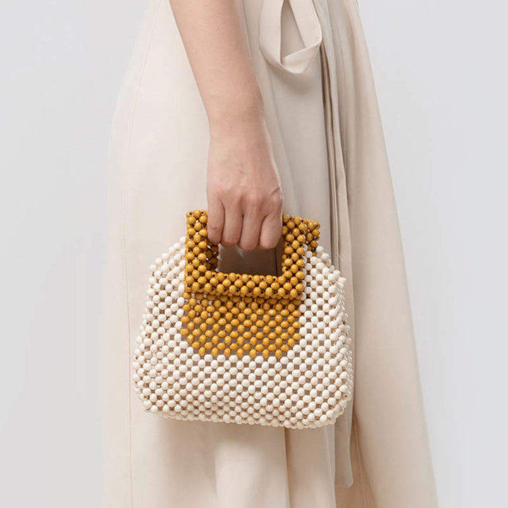 Buddha Stonesの手編み木製ビーズスクエアトートハンドバッグ