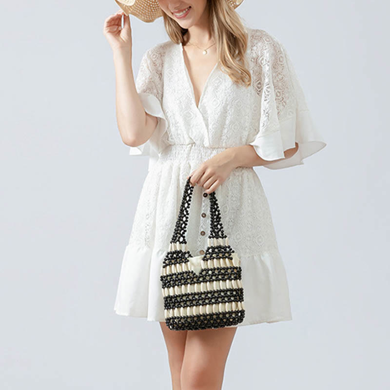 Buddha Stonesの手編み丸型木製ビーズショルダーバッグ