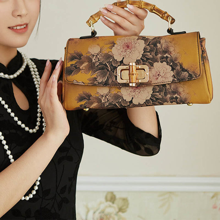 Buddha Stonesの花柄竹ハンドルメタルチェーンクロスボディバッグハンドバッグ