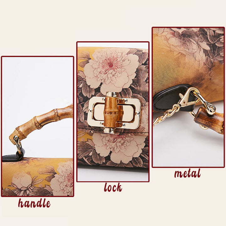 Buddha Stonesの花柄竹ハンドルメタルチェーンクロスボディバッグハンドバッグ