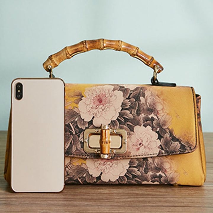 Buddha Stonesの花柄竹ハンドルメタルチェーンクロスボディバッグハンドバッグ