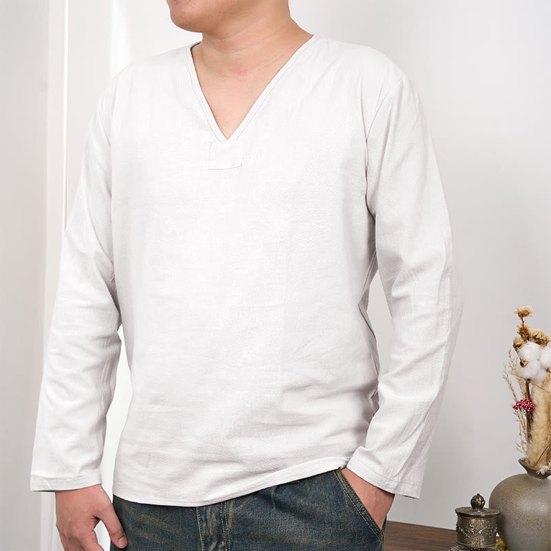 Buddha Stones無地 Vネック 長袖 コットンリネン メンズ Tシャツ