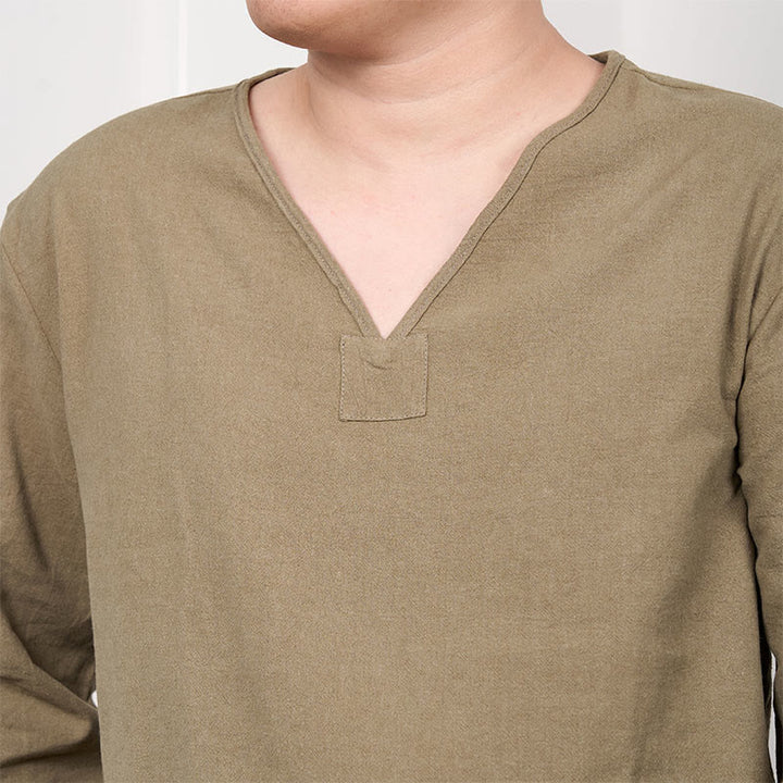 Buddha Stones無地 Vネック 長袖 コットンリネン メンズ Tシャツ