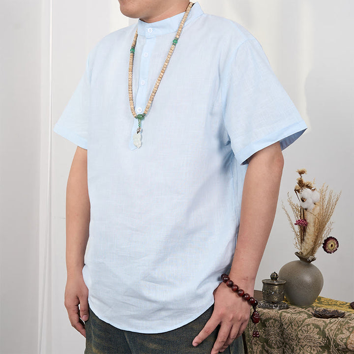 Buddha Stonesメンズ 無地 半袖 ハーフボタン コットンリネン シャツ