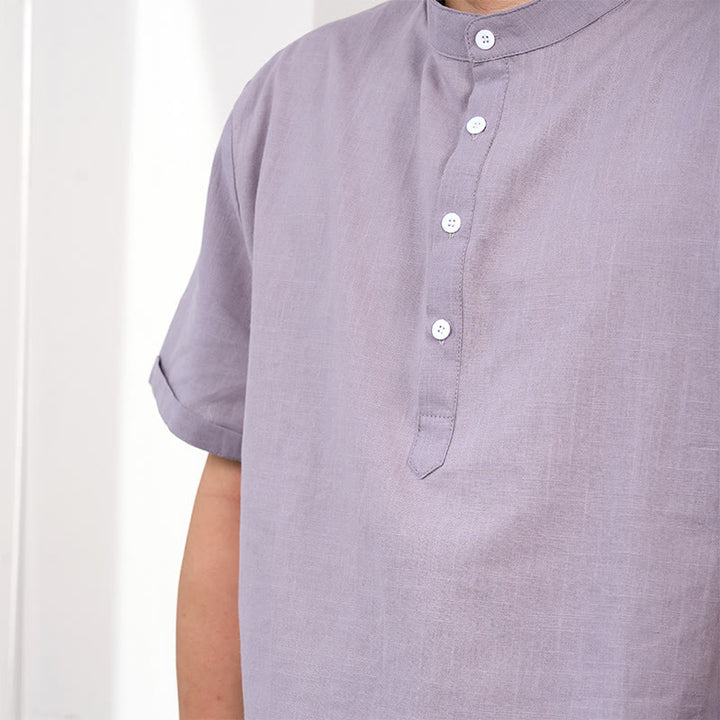 Buddha Stonesメンズ 無地 半袖 ハーフボタン コットンリネン シャツ