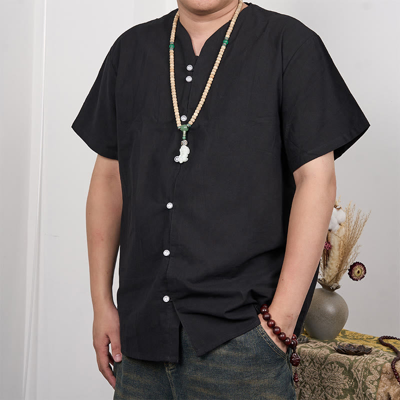 Buddha Stonesメンズ 半袖 ボタンダウン コットンリネンシャツ