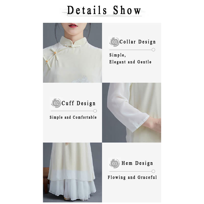 Buddha Stones2点セット 牡丹の花 チャイナドレス ミディ丈 スカート シフォン 禅服 レディース セット - image 4