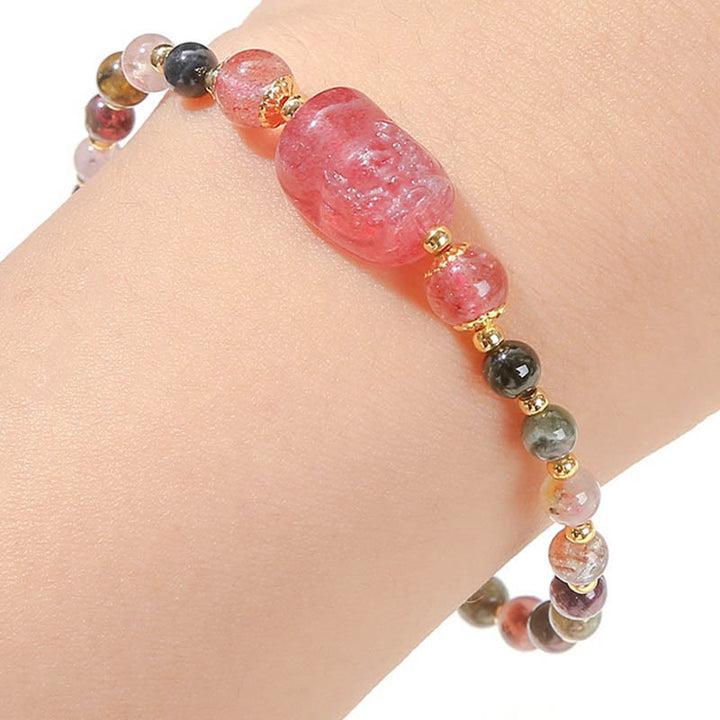 Buddha Stonesムーンストーン ストロベリークォーツ トルマリン 貔貅ヒーリングブレスレット