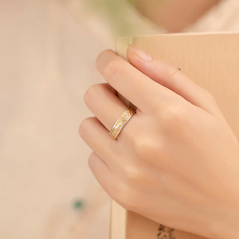 仏陀石 999 スターリングシルバー 金彩 喜びの花模様 平安の般若心経リング - image 4