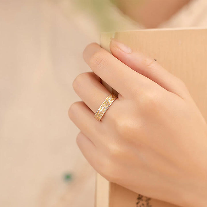 仏陀石 999 スターリングシルバー 金彩 喜びの花模様 平安の般若心経リング - image 4