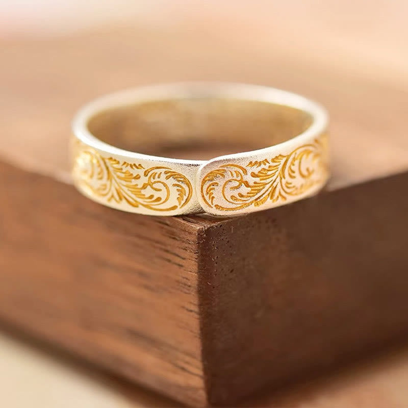 仏陀石 999 スターリングシルバー 金彩 喜びの花模様 平安の般若心経リング - image 1