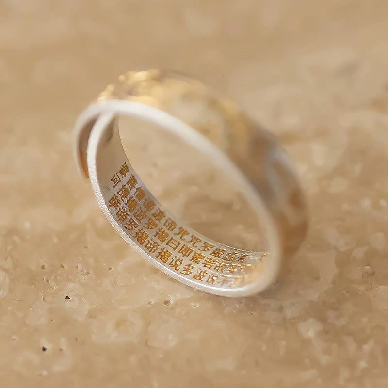 仏陀石 999 スターリングシルバー 金彩 喜びの花模様 平安の般若心経リング - image 2