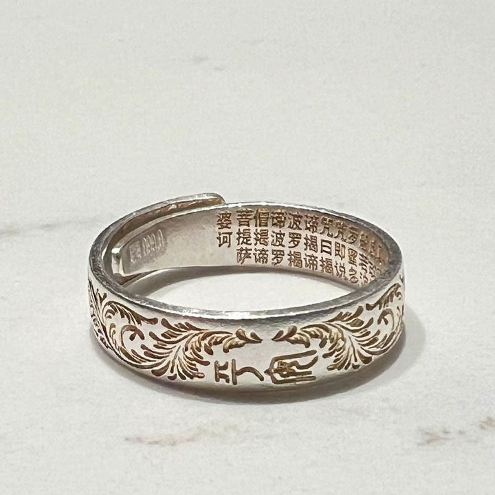 仏陀石 999 スターリングシルバー 金彩 喜びの花模様 平安の般若心経リング - image 15