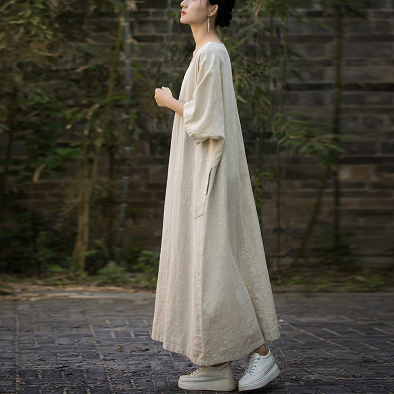 Buddha Stones無地 Vネック ハーフスリーブ ラミーリネン ミディドレス ポケット付き