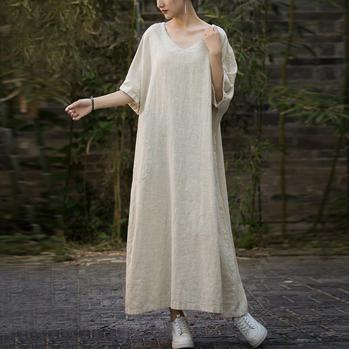 Buddha Stones無地 Vネック ハーフスリーブ ラミーリネン ミディドレス ポケット付き
