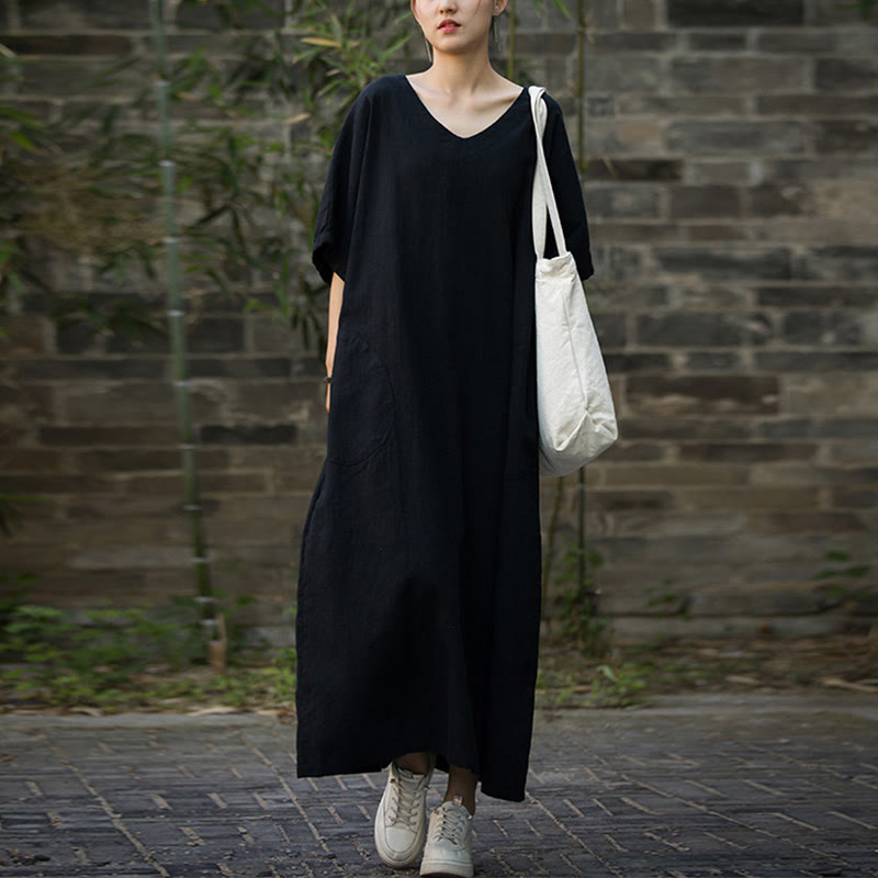 Buddha Stones無地 Vネック ハーフスリーブ ラミーリネン ミディドレス ポケット付き