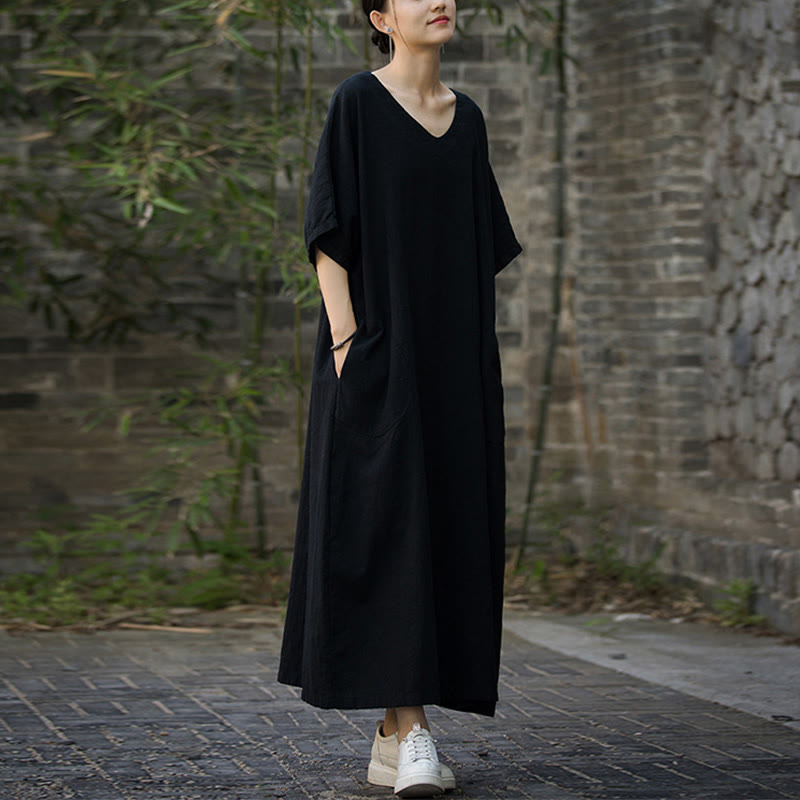 Buddha Stones無地 Vネック ハーフスリーブ ラミーリネン ミディドレス ポケット付き