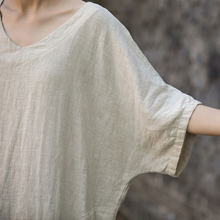 Buddha Stones無地 Vネック ハーフスリーブ ラミーリネン ミディドレス ポケット付き