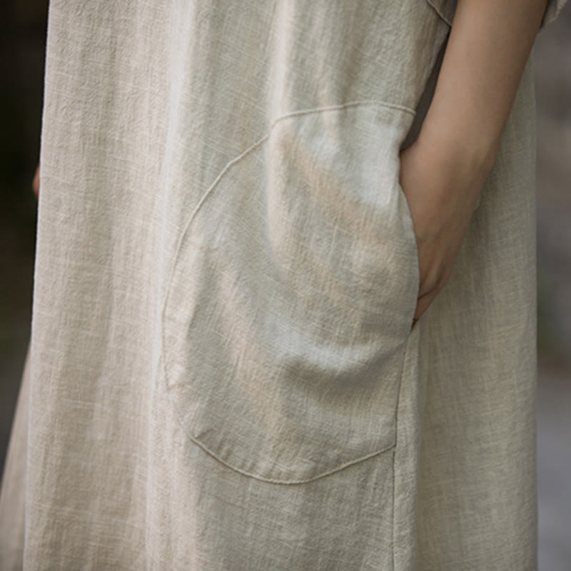 Buddha Stones無地 Vネック ハーフスリーブ ラミーリネン ミディドレス ポケット付き