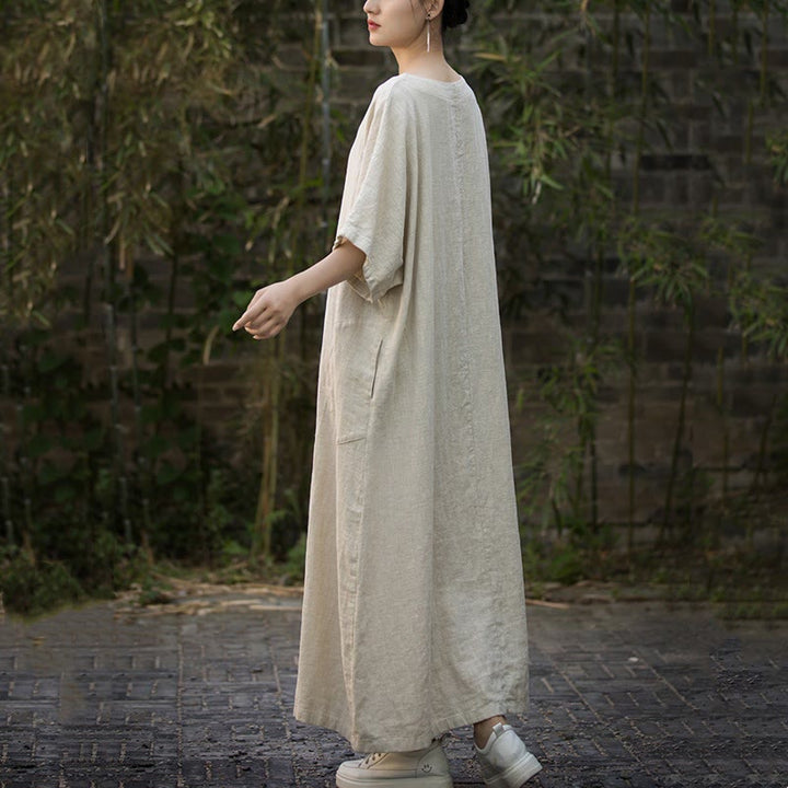 Buddha Stones無地 Vネック ハーフスリーブ ラミーリネン ミディドレス ポケット付き