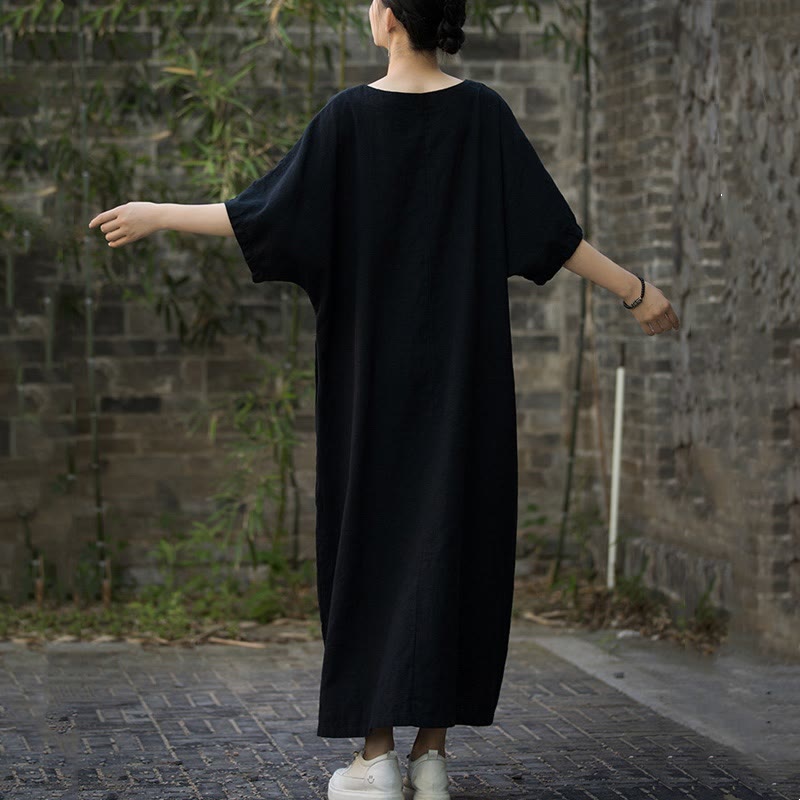 Buddha Stones無地 Vネック ハーフスリーブ ラミーリネン ミディドレス ポケット付き