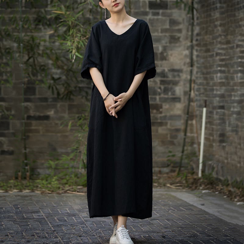 Buddha Stones無地 Vネック ハーフスリーブ ラミーリネン ミディドレス ポケット付き