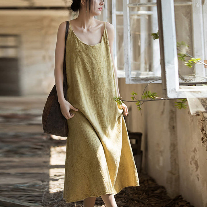 Buddha Stonesのサマースパゲッティストラップハンドメイドタイダイリネンミディキャミワンピース - image 1