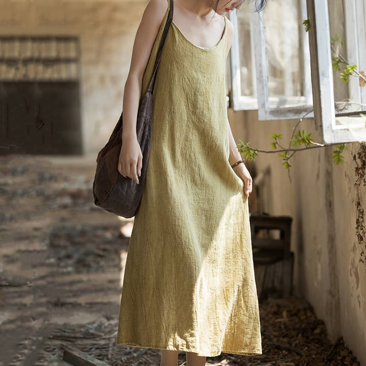 Buddha Stonesのサマースパゲッティストラップハンドメイドタイダイリネンミディキャミワンピース - image 3