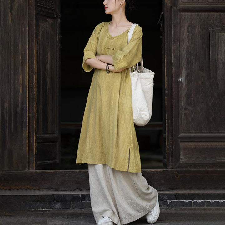 Buddha Stonesハンドメイド タイダイ ラミー リネン フロッグボタン ミディドレス ワイドレッグパンツ ポケット付き - image 26