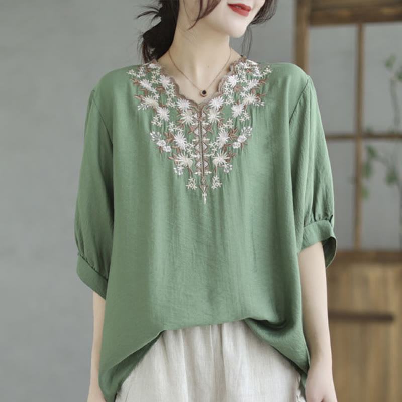 Buddha Stones小花刺繍 Vネック 半袖 コットンリネン Tシャツ - アクアマリン - F( US4-8/10、 UK/AU8-12/14、EU36-40/42に適合) - image 4