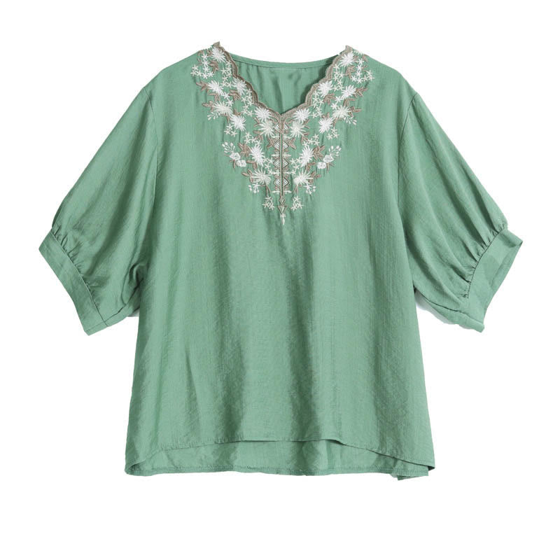 Buddha Stones小花刺繍 Vネック 半袖 コットンリネン Tシャツ - image 5