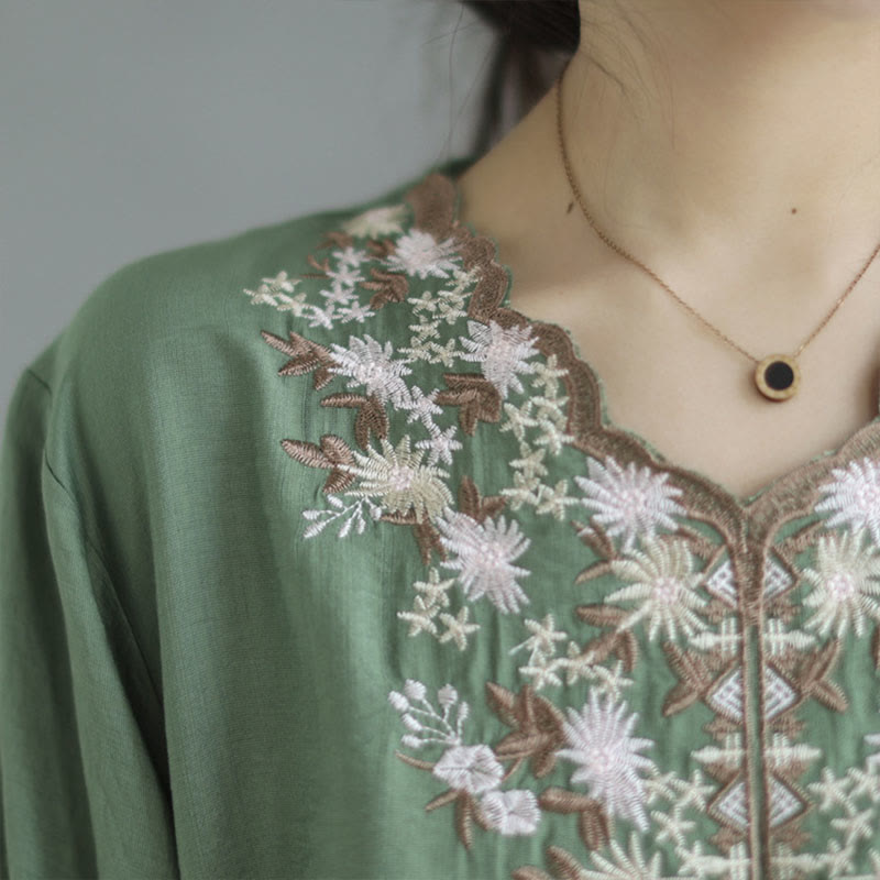 Buddha Stones小花刺繍 Vネック 半袖 コットンリネン Tシャツ - image 6