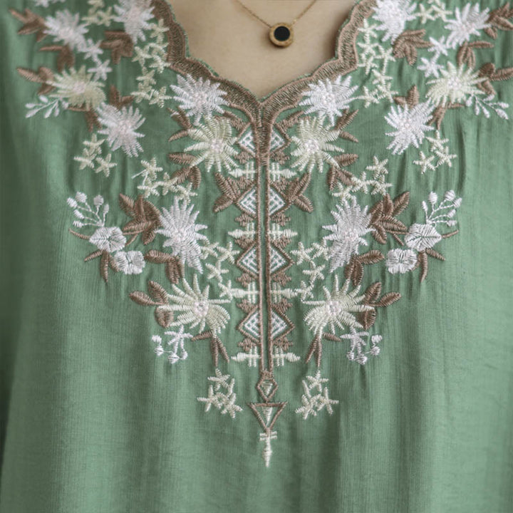 Buddha Stones小花刺繍 Vネック 半袖 コットンリネン Tシャツ - image 8