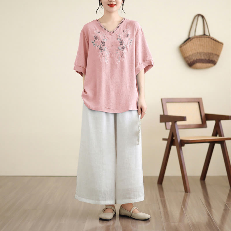 Buddha Stonesフローラル刺繍 Vネック ハーフスリーブ Tシャツ - image 3