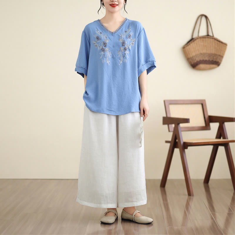 Buddha Stonesフローラル刺繍 Vネック ハーフスリーブ Tシャツ - image 12