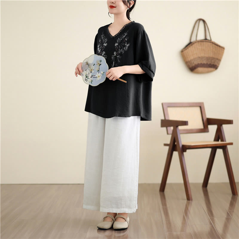 Buddha Stonesフローラル刺繍 Vネック ハーフスリーブ Tシャツ - image 16