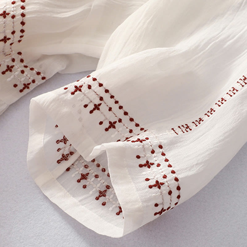 Buddha Stones無地刺繍半袖コットンミディドレス - image 9