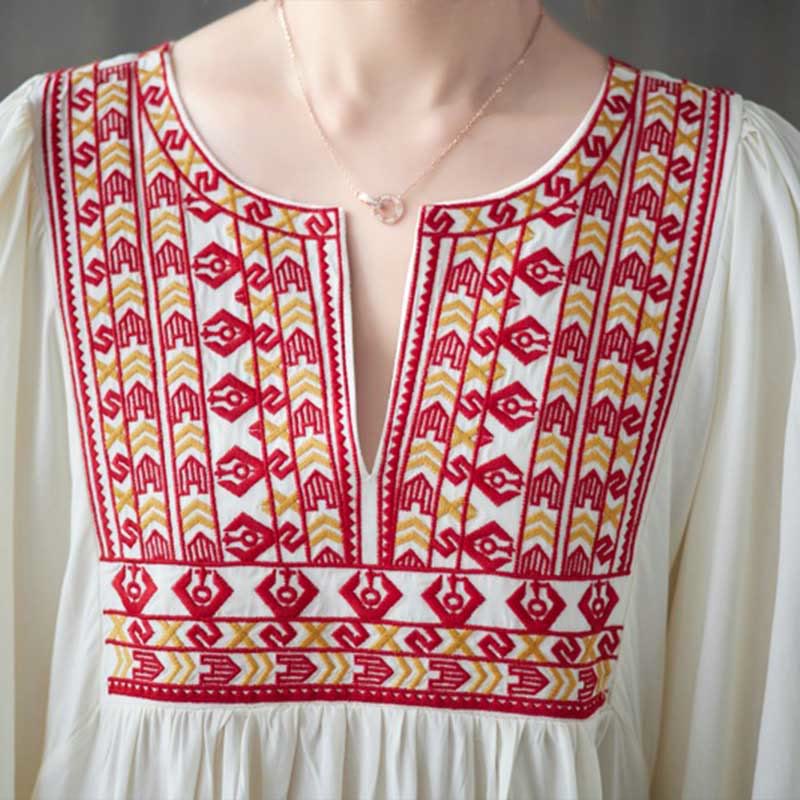 Buddha Stones刺繍入りノッチラッフルヘムミディドレス(ポケット付き) - image 5