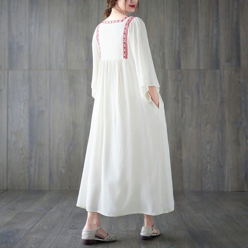 Buddha Stones刺繍入りノッチラッフルヘムミディドレス(ポケット付き) - image 2