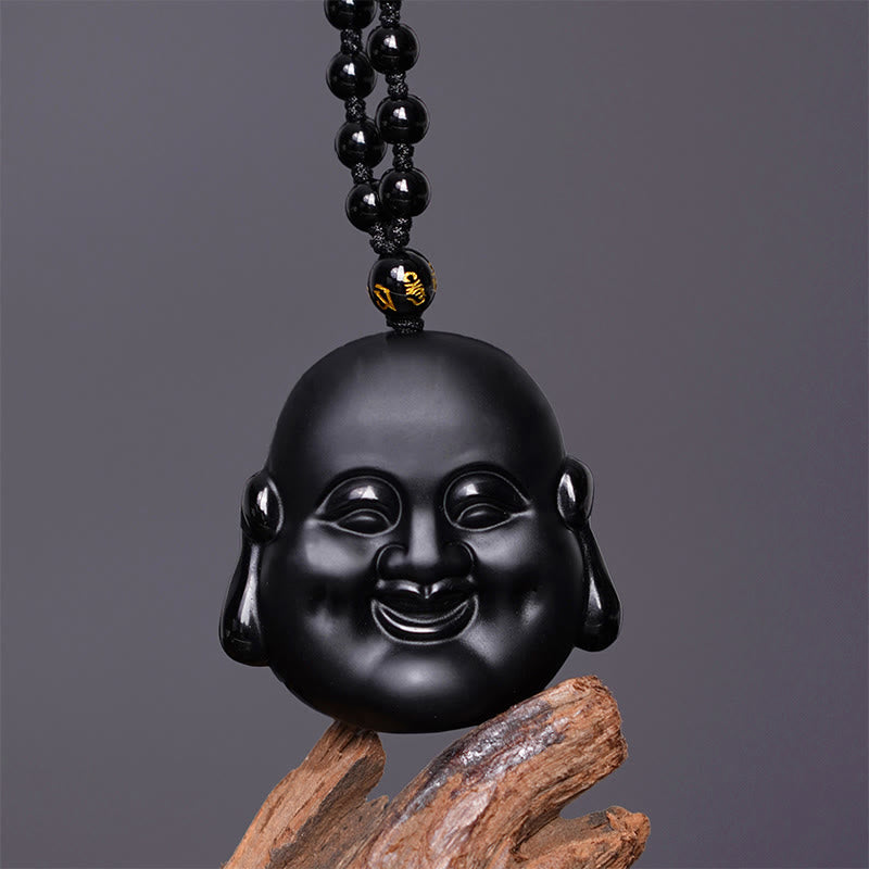 Buddha Stones天然黒曜石 笑う仏陀 浄化ネックレスペンダント