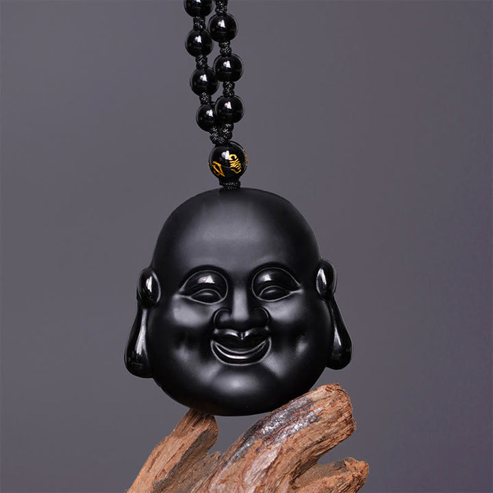 Buddha Stones天然黒曜石 笑う仏陀 浄化ネックレスペンダント