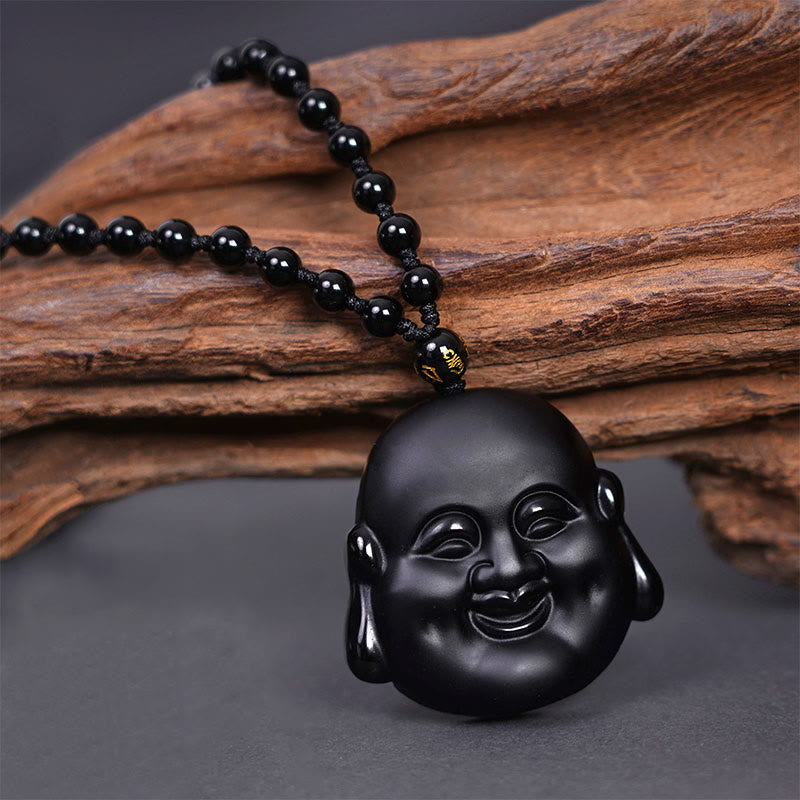Buddha Stones天然黒曜石 笑う仏陀 浄化ネックレスペンダント