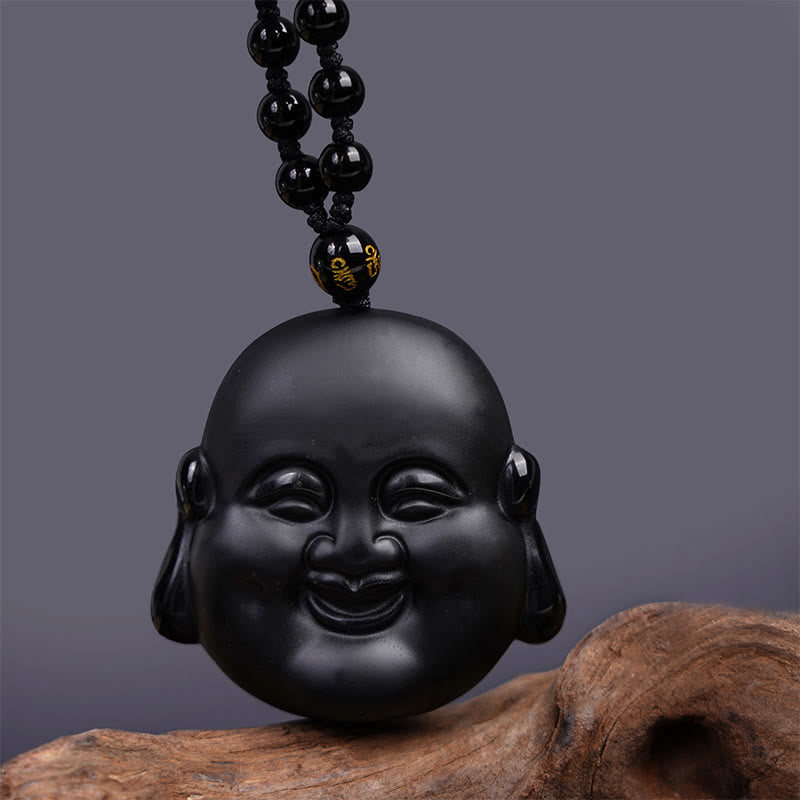 Buddha Stones天然黒曜石 笑う仏陀 浄化ネックレスペンダント